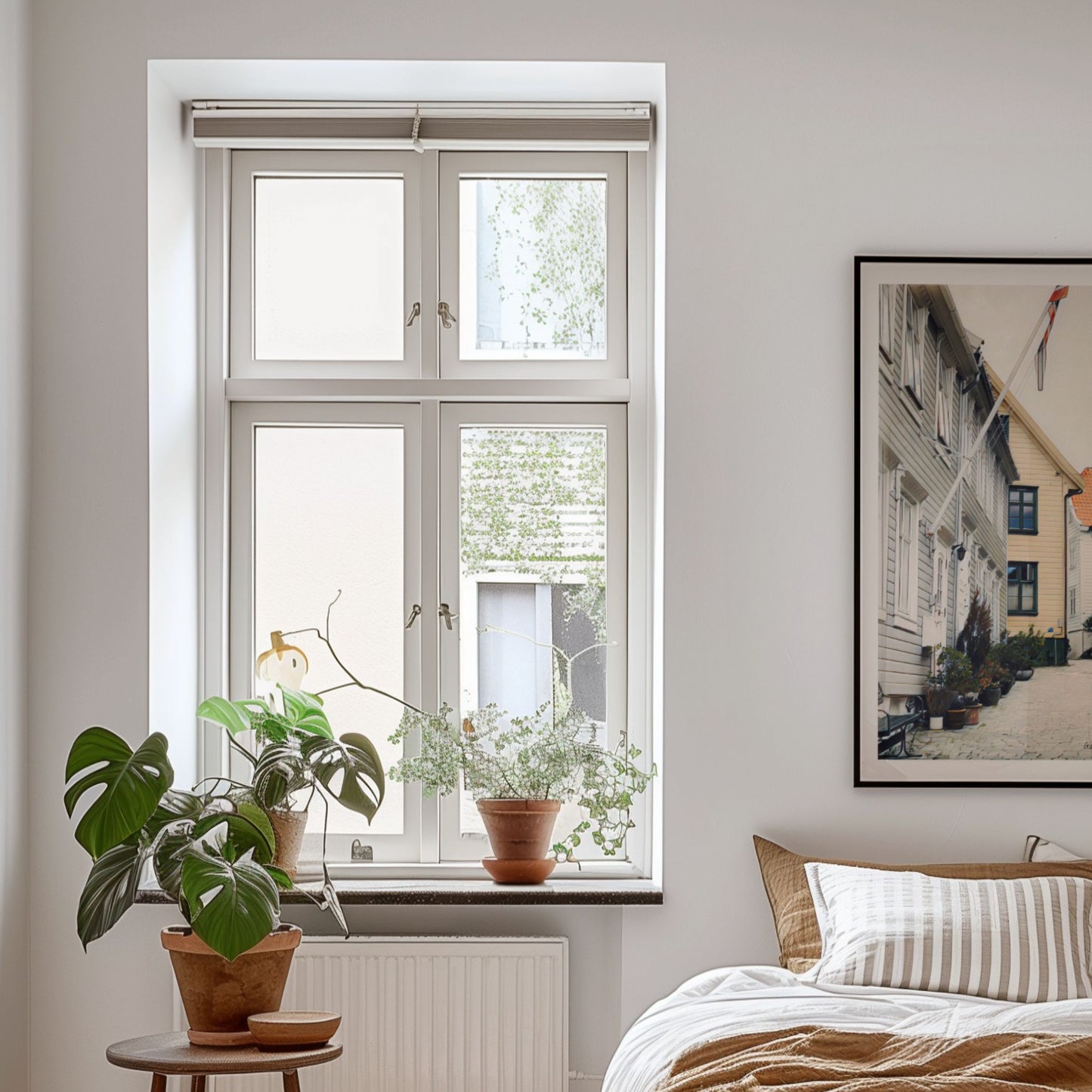 Gamle Nøstegaten på Sydnes byr på en rolig og stemningsfull atmosfære, med sine smale gater og karakteristiske trehus. Illustrasjon viser plakat i sort ramme.