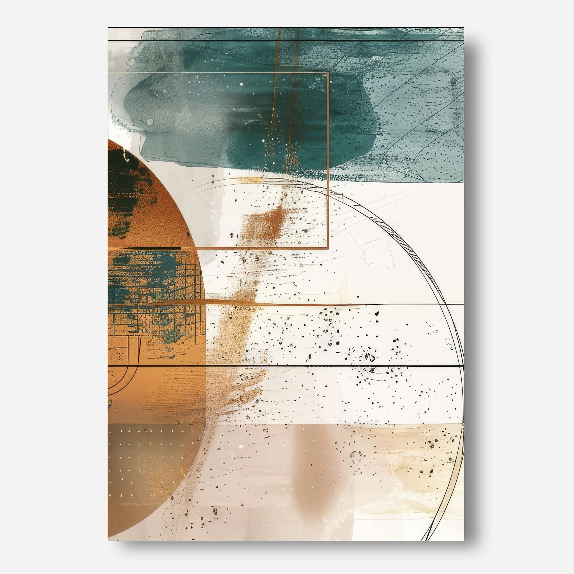 Disse geometriske formene i jordnære fargetoner som rust, teal og krem gir en perfekt balanse mellom moderne design og tidløs eleganse. Miljøfoto viser motivet å lerret.