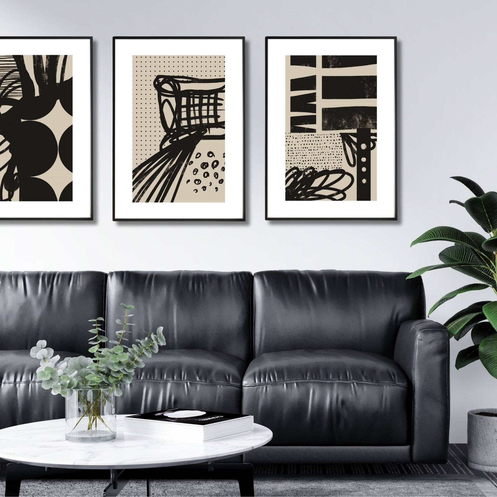 Geometric Art Shapes plakat kombinerer abstrakte geometriske former med minimalistiske linjer og dynamiske mønstre. Illustrasjonsfoto viser plakat no 1, 2 og 3 i svart ramme.