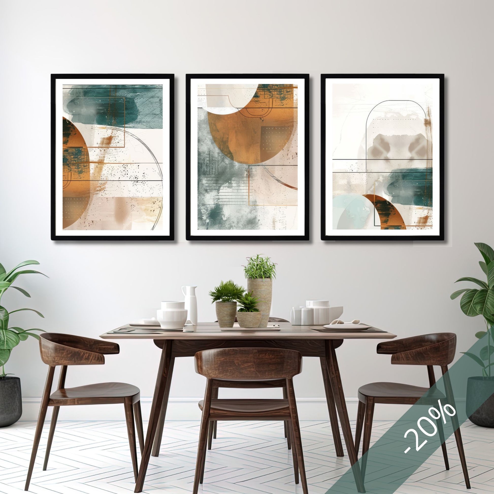 Geometric Harmony Collection med tre abstrakte plakater over spisebord i moderne interiør