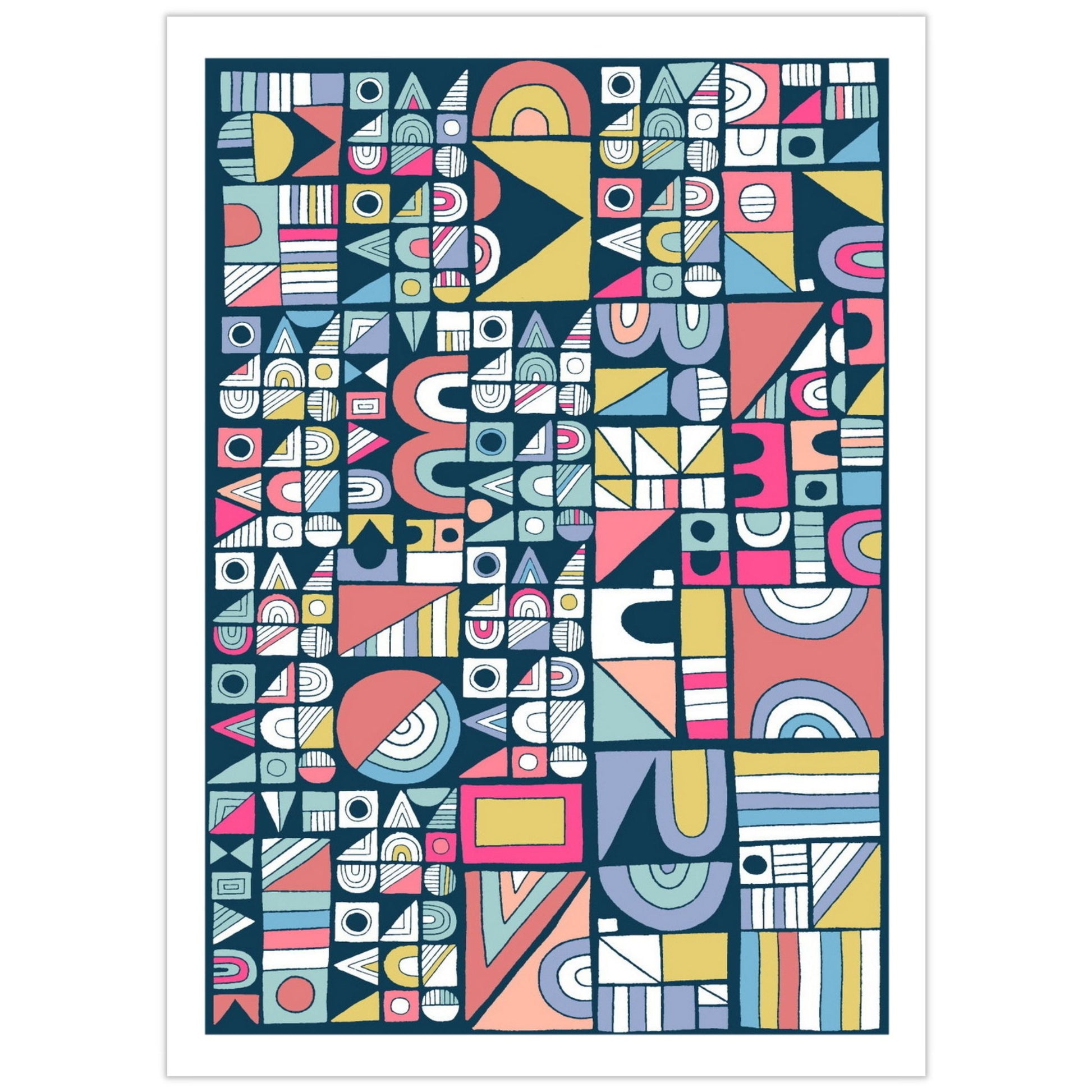 Plakat med geometrisk motiv i sirkler, trekanter, kvadrater og rektangler, i multi farger på mørk blå bunn.
