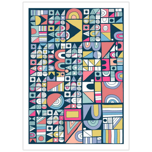 Plakat med geometrisk motiv i sirkler, trekanter, kvadrater og rektangler, i multi farger på mørk blå bunn.