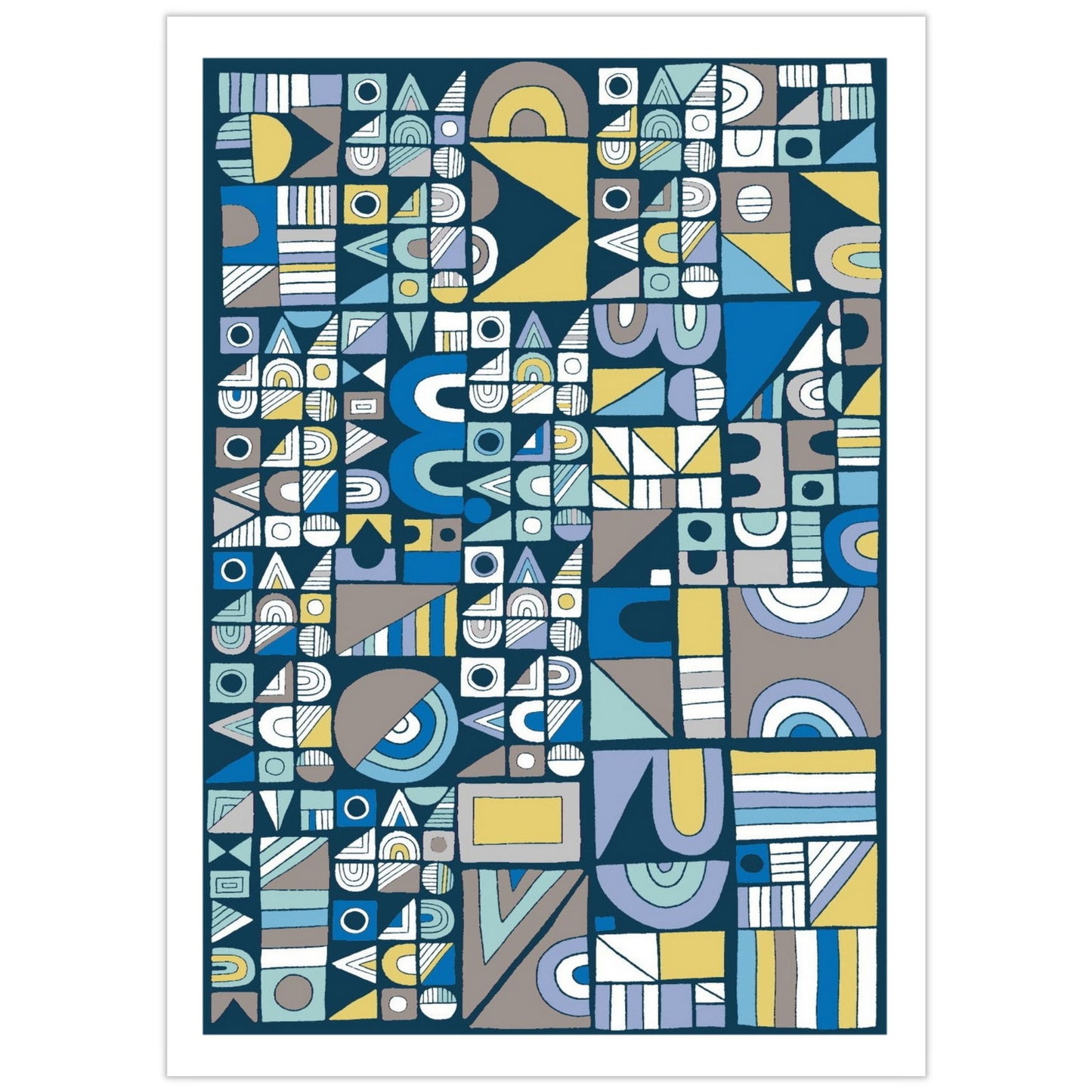 Plakat med geometrisk motiv i sirkler, trekanter, kvadrater og rektangler, i multi farger på mørk blå bunn.