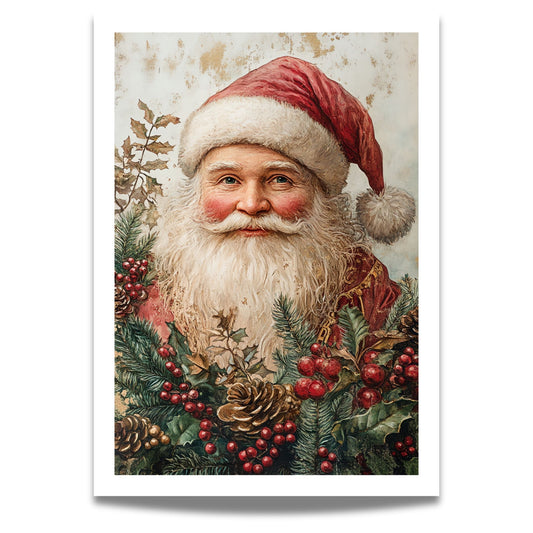 Dette motivet fremhever den ikoniske figuren vi alle elsker – julenissen – i varme, innbydende toner og med detaljerte omgivelser av julegrønt og bær. 
