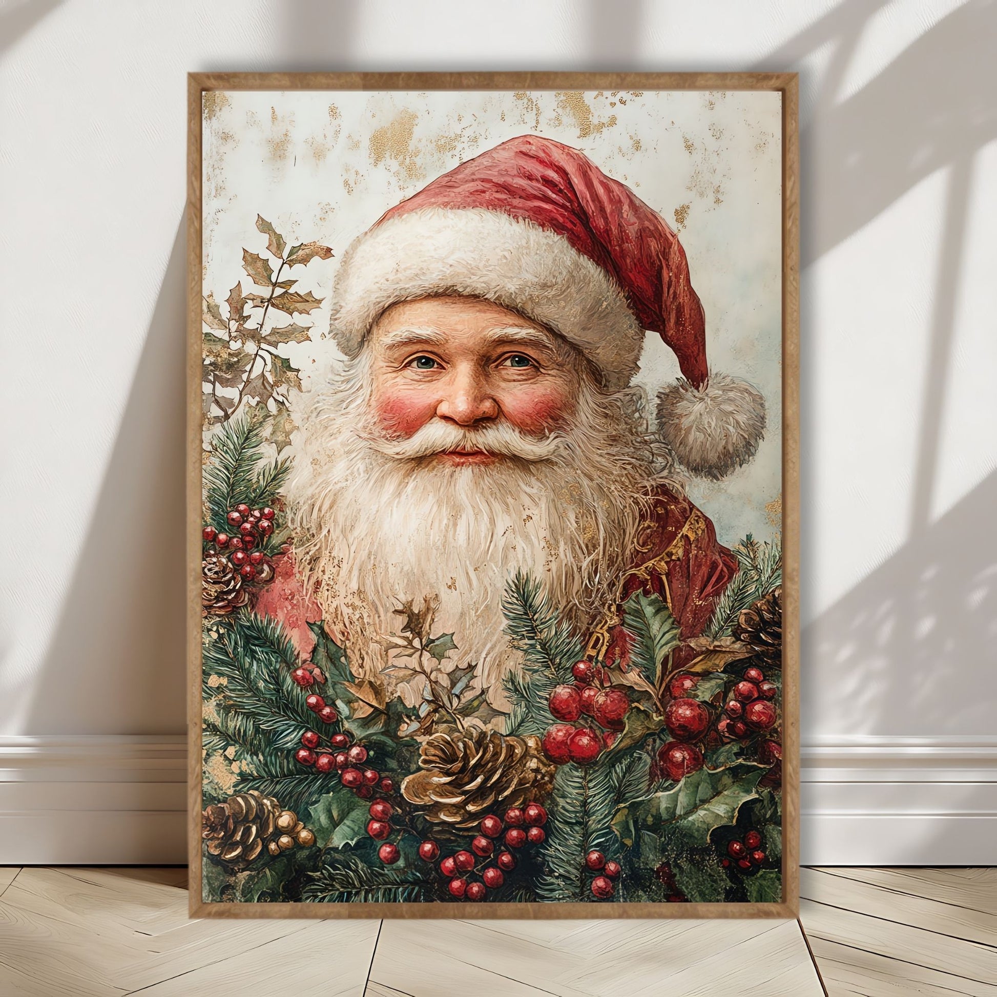 Dette motivet fremhever den ikoniske figuren vi alle elsker – julenissen – i varme, innbydende toner og med detaljerte omgivelser av julegrønt og bær. Illustrasjon viser motivet som plakat i lys ramme.
