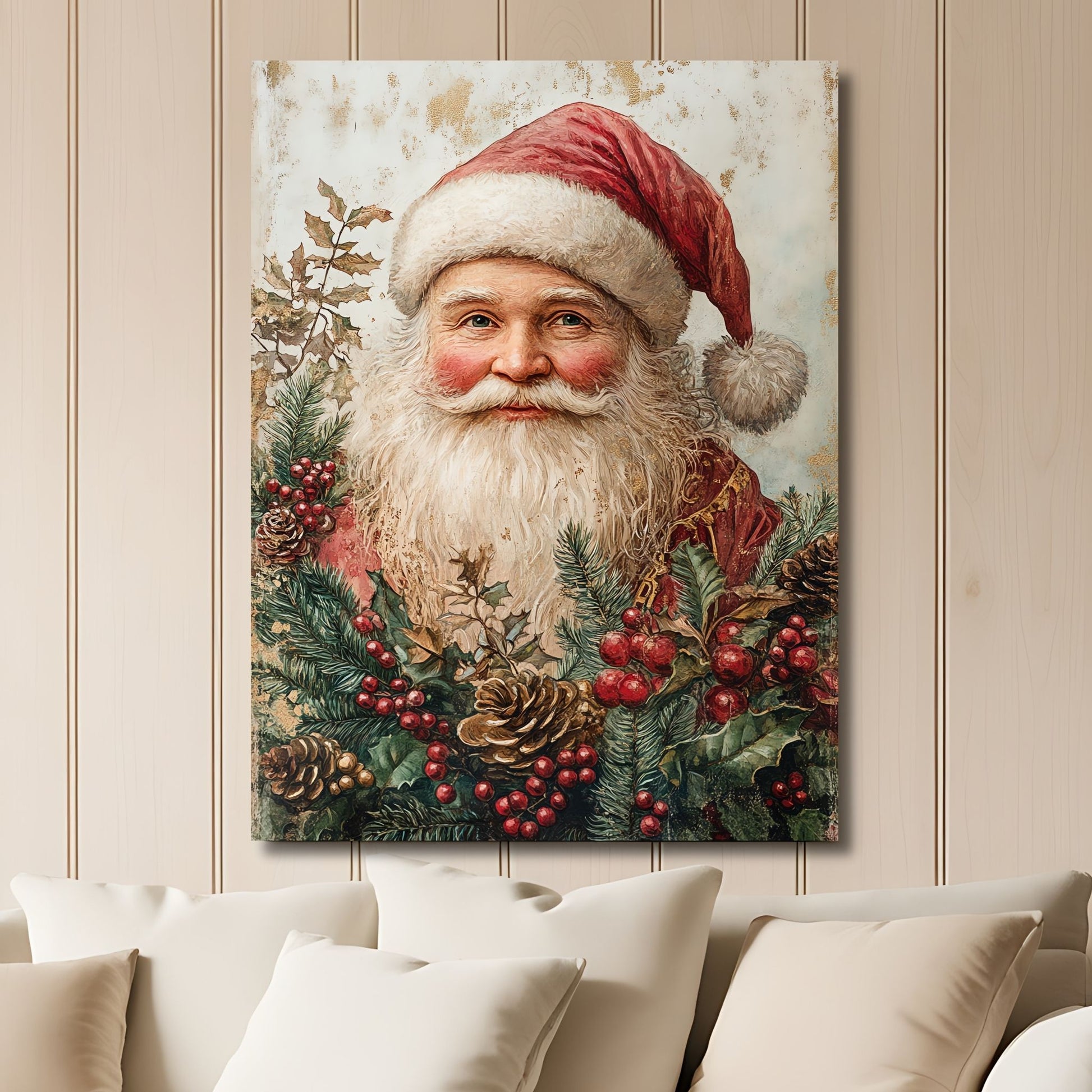 Dette motivet fremhever den ikoniske figuren vi alle elsker – julenissen – i varme, innbydende toner og med detaljerte omgivelser av julegrønt og bær. Illustrasjon viser motivet på lerret.