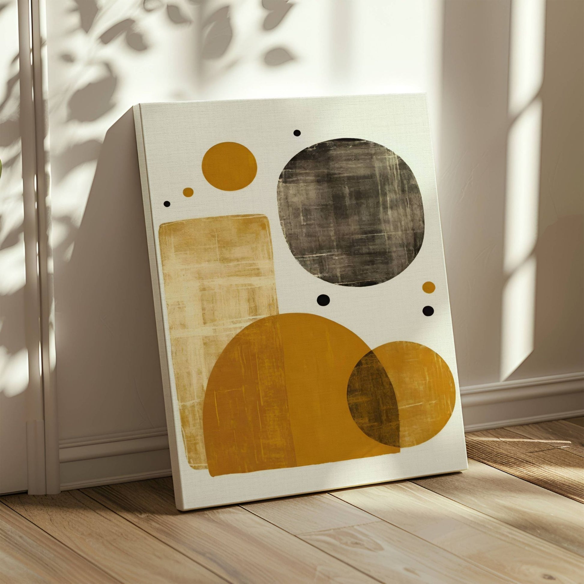  Golden Balance – en abstrakt kunstplakat og lerretstrykk med en harmonisk komposisjon av former og teksturer. Illustrasjon viser motivet på lerret.