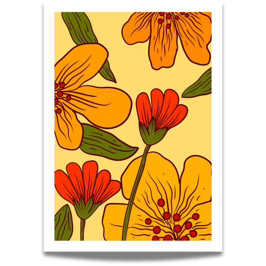  Golden Bloom – en fargerik og retro-inspirert plakat som kombinerer varme gultoner med dype rødnyanser og frodige grønne blader. 