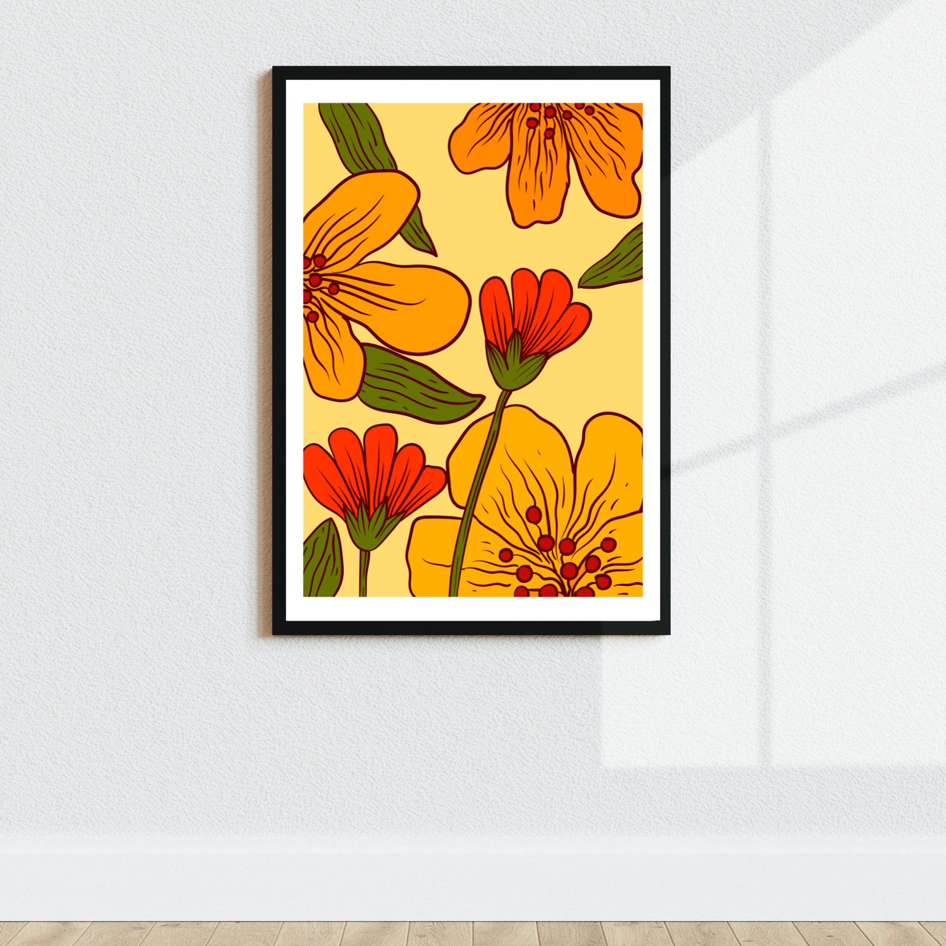  Golden Bloom – en fargerik og retro-inspirert plakat som kombinerer varme gultoner med dype rødnyanser og frodige grønne blader. Illustrasjon viser plakaet med hvit kant i sort ramme.