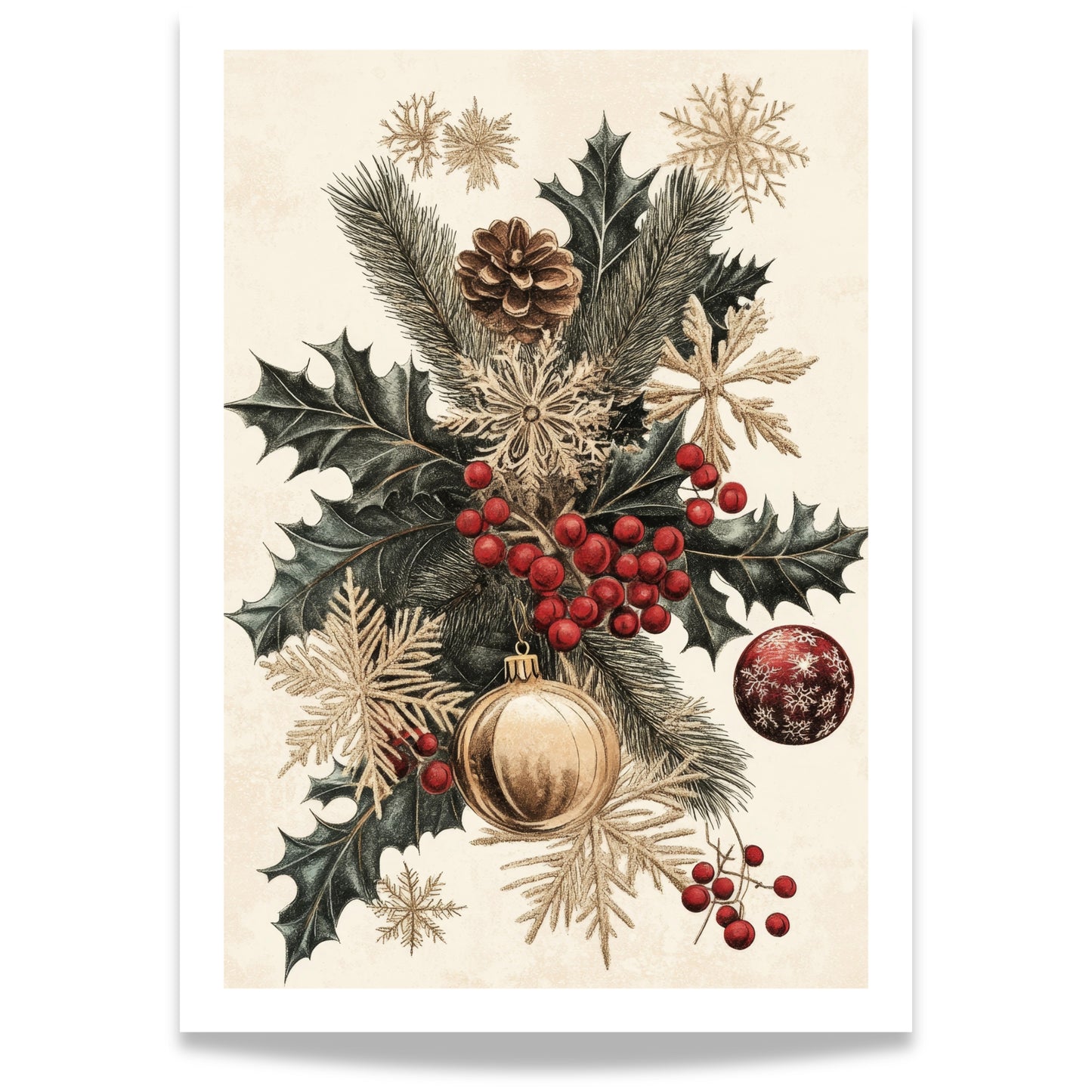 Et klassisk botanisk julemotiv med granbar, kristtorn, kongler, røde bær og gyldne snøfnugg. Elegant, nostalgisk og rikt på detaljer – perfekt for tradisjonelle julehjem.