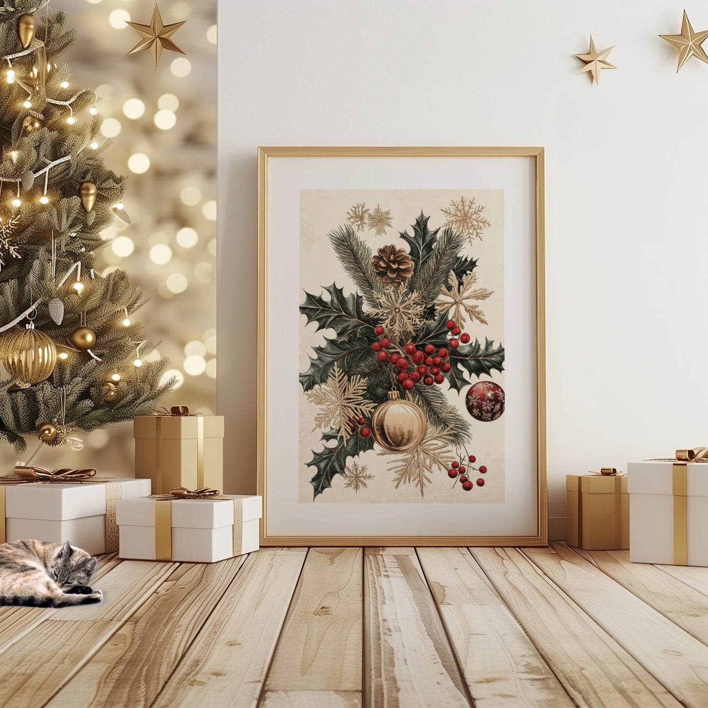 Et klassisk botanisk julemotiv med granbar, kristtorn, kongler, røde bær og gyldne snøfnugg. Elegant, nostalgisk og rikt på detaljer – perfekt for tradisjonelle julehjem. Illustrasjon viser plakat med passepartout i ramme.