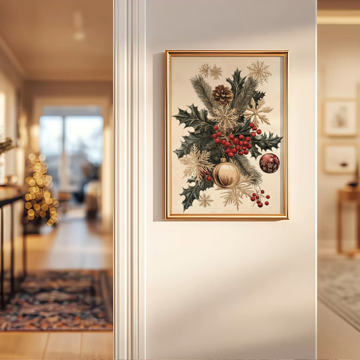 Et klassisk botanisk julemotiv med granbar, kristtorn, kongler, røde bær og gyldne snøfnugg. Elegant, nostalgisk og rikt på detaljer – perfekt for tradisjonelle julehjem. Illustrasjon viser plakat uten hvit kantlinje i ramme.