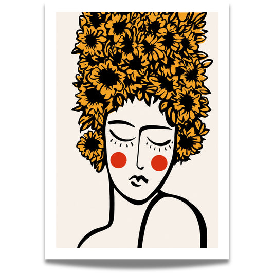 Golden Muse er et unikt kunstverk som kombinerer elegant linjetegning med dristige, solgule solsikker.