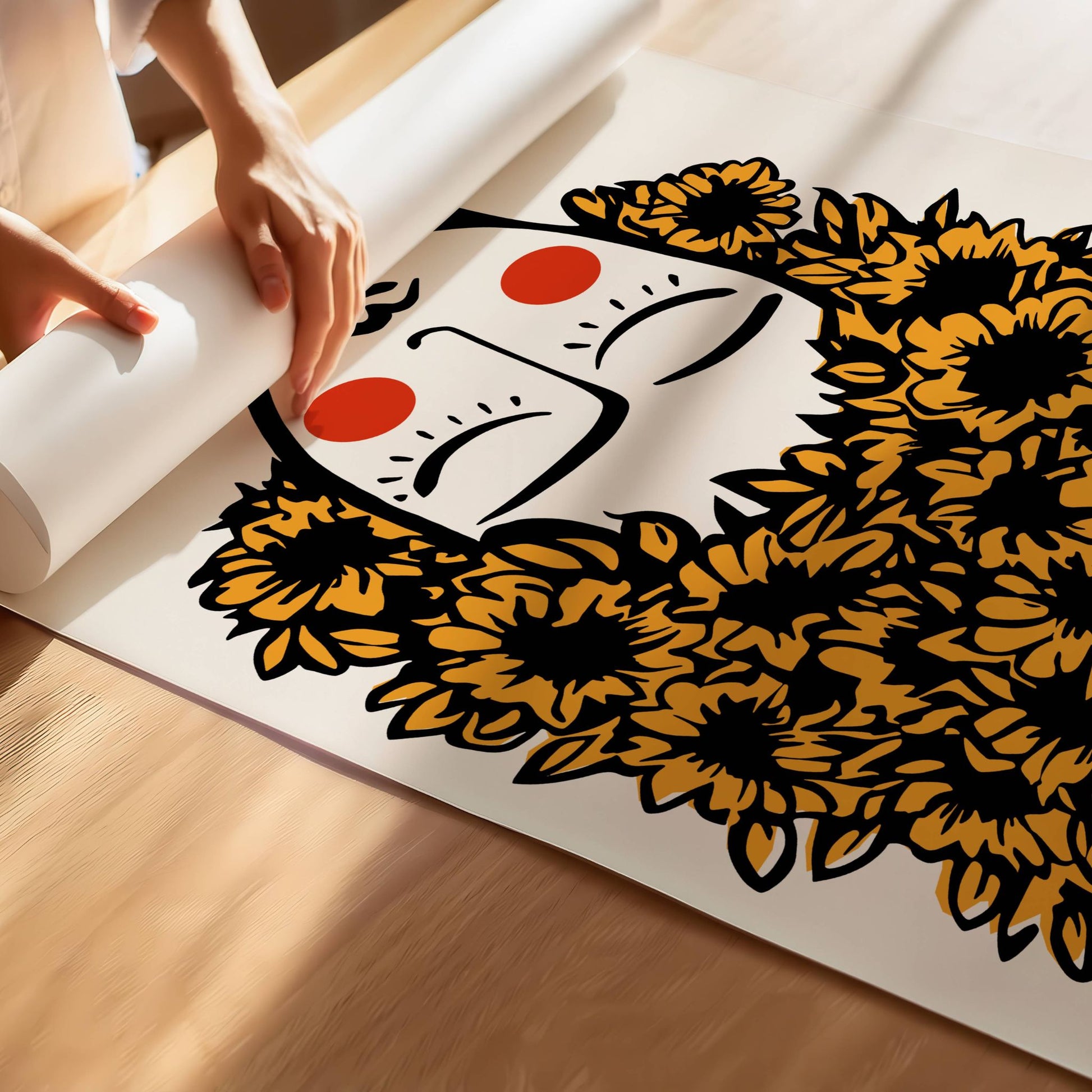 Golden Muse er et unikt kunstverk som kombinerer elegant linjetegning med dristige, solgule solsikker. Illustrasjon viser motivet på print.