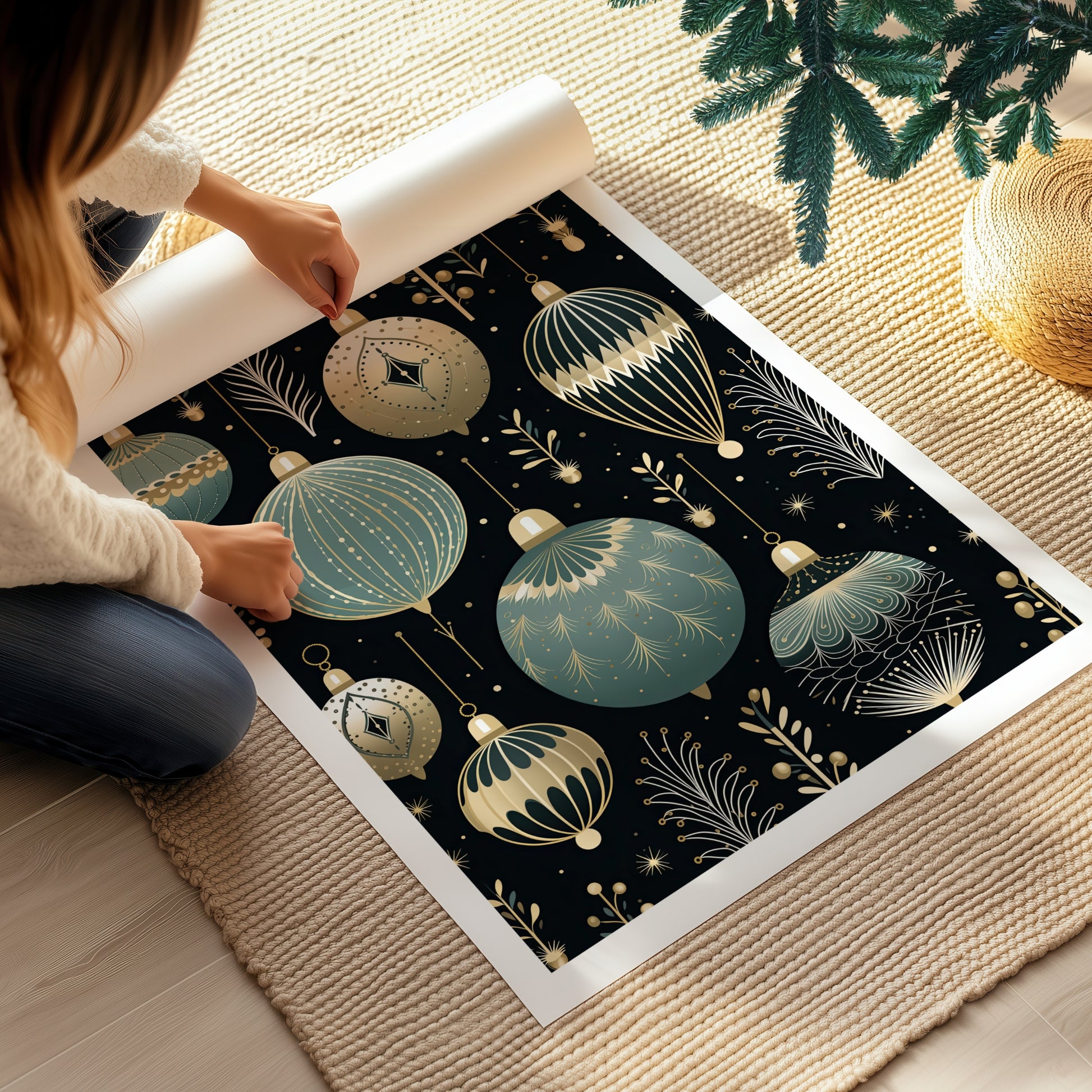 Et elegant mønster av gull og sjøgrønne julekuler mot mørk bakgrunn. Illustrasjon viser plakat med hvit kantlinje på print.