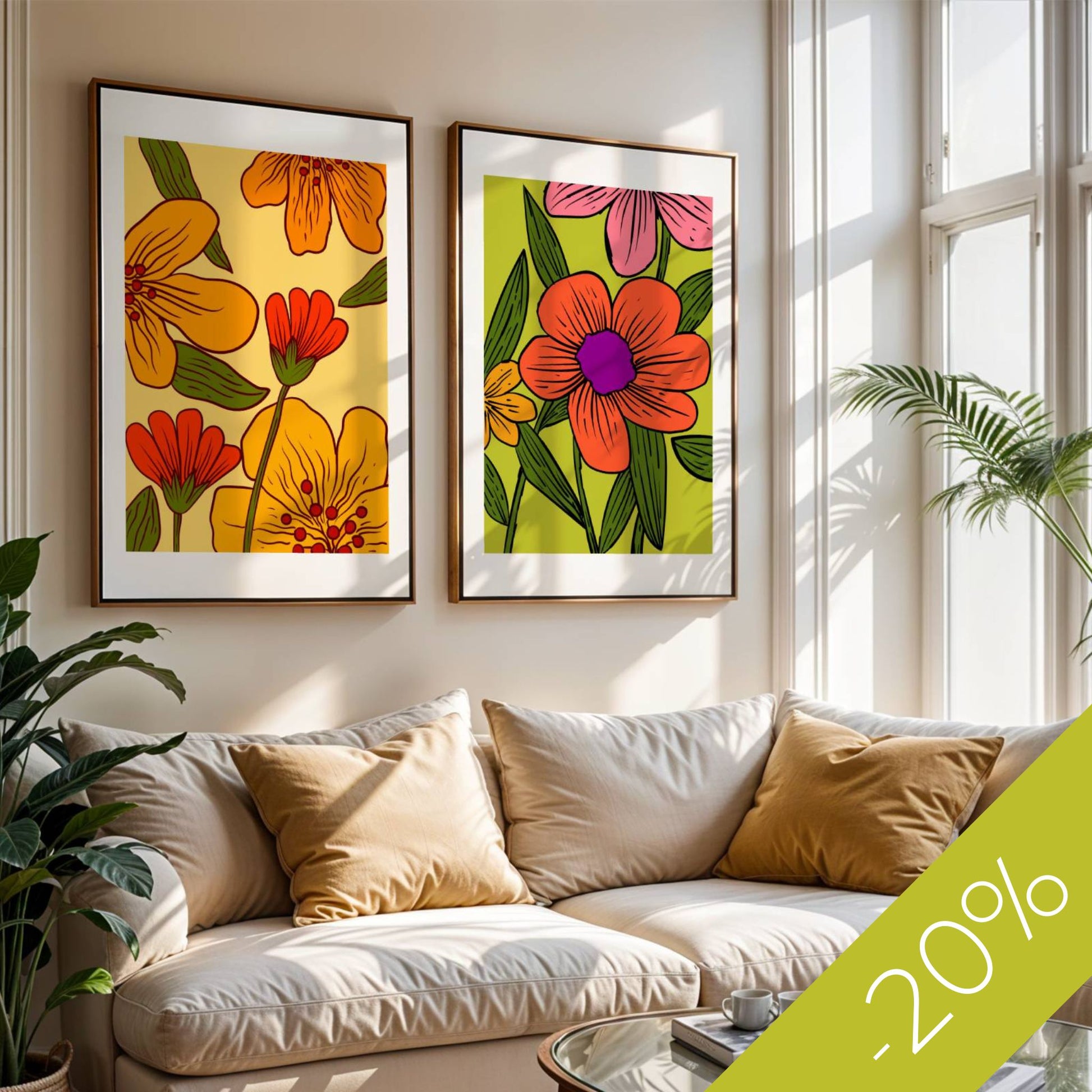 Skap et rom som sprudler av liv og farge med Golden Bloom &amp; Citrus Pop – en perfekt plakatduo for deg som elsker lekne detaljer, retro-vibber og et interiør som tør å skille seg ut
