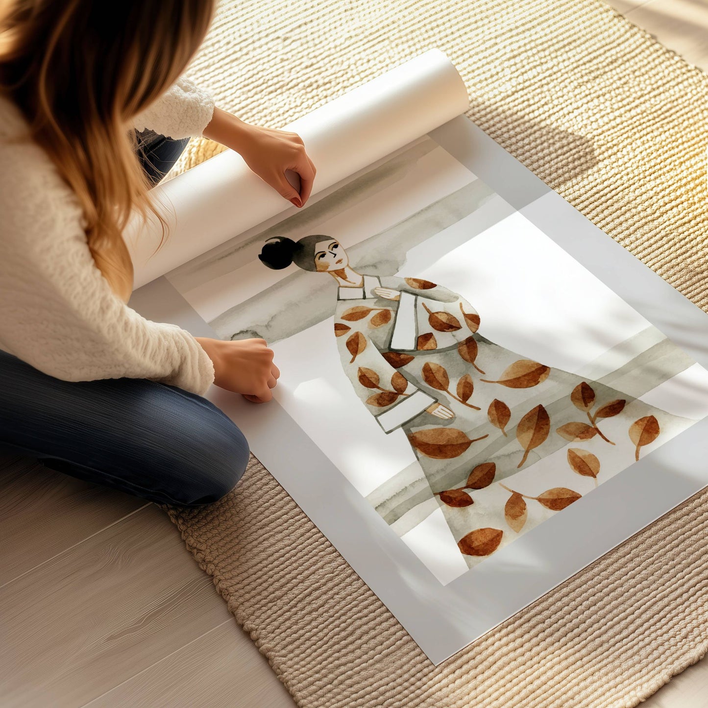 Grace in Leaves – akvarellplakat i japansk stil er en rolig og uttrykksfull illustrasjon som hyller naturens former og tidløs eleganse. illustrasjon viser plakat på print.