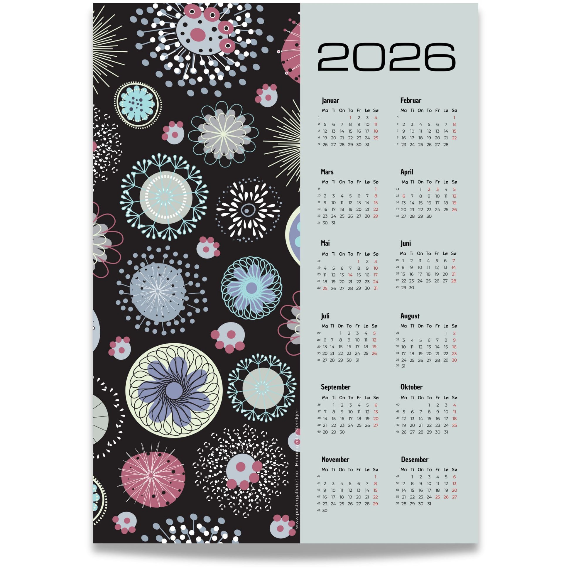 Grafisk kalender 2026 med pastellfargede abstrakte sirkler og mønstre på sort bakgrunn, med tydelig kalender og norske helligdager.