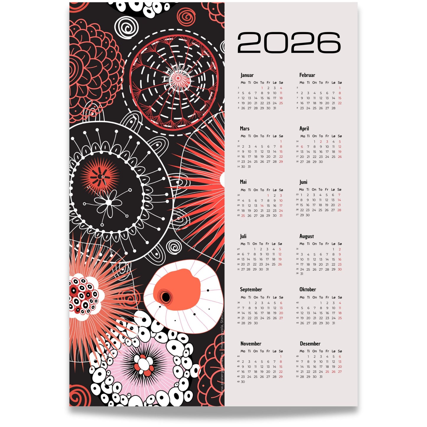 Grafisk kalender 2026 med røde og hvite abstrakte sirkler og linjemønstre på sort bakgrunn, med tydelig årskalender og norske helligdager