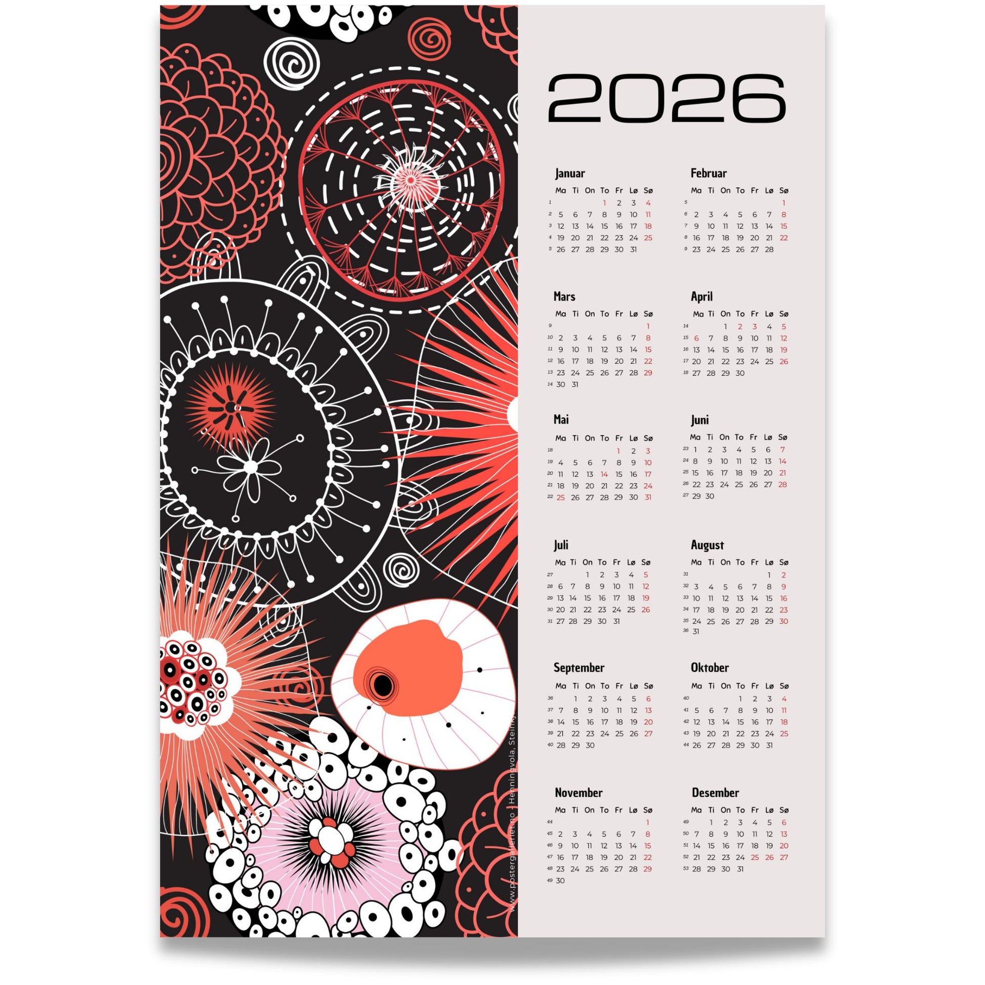 Grafisk kalender 2026 med røde og hvite abstrakte sirkler og linjemønstre på sort bakgrunn, med tydelig årskalender og norske helligdager