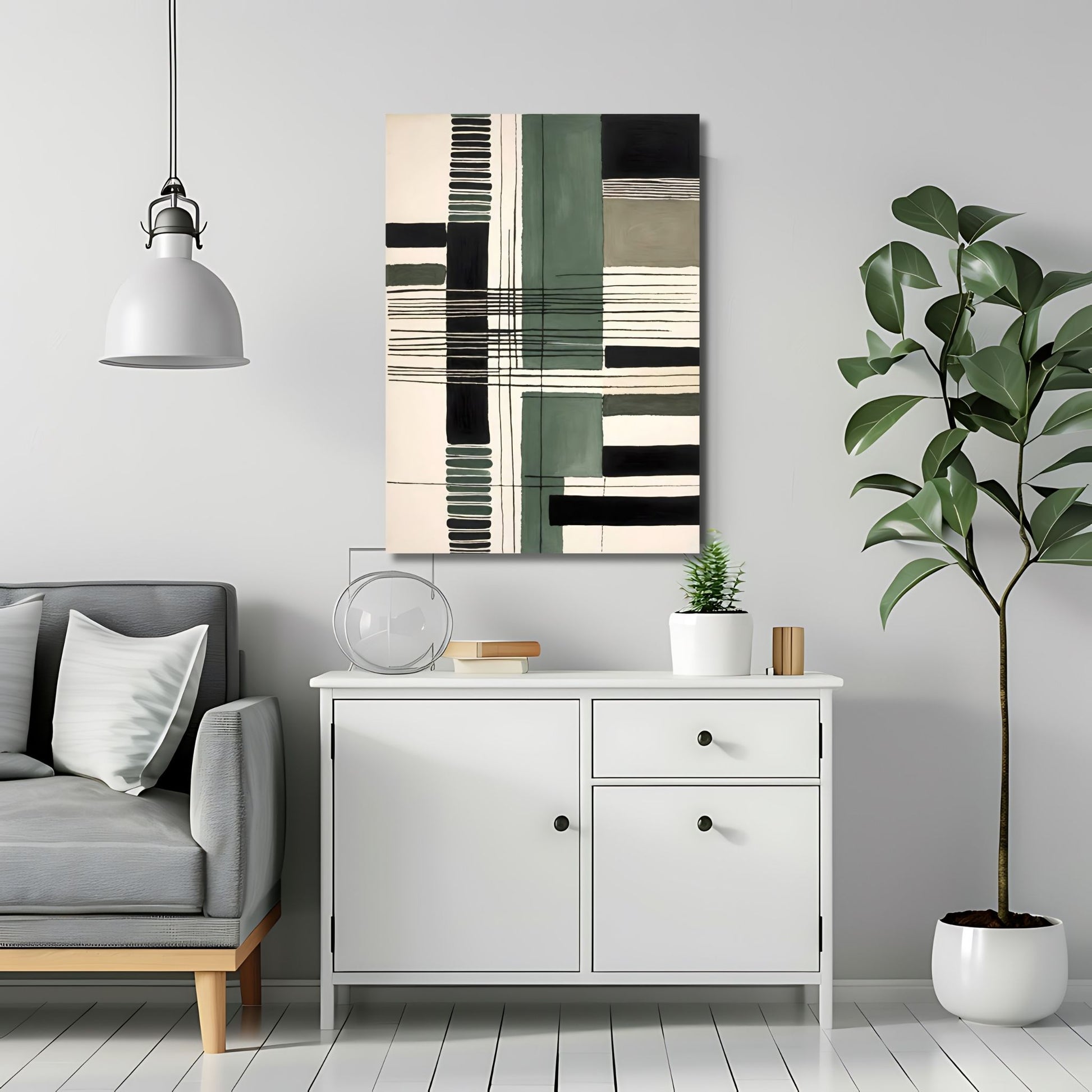 Dette kunstverket kombinerer rene linjer og geometriske former i en harmonisk komposisjon med myke akvarellfarger. Illustrasjonsfooto viser motivet på lerret.