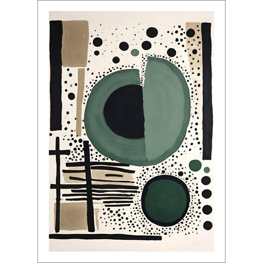 Dette unike kunstverket kombinerer geometriske former og myke akvarellfarger i en balansert og fengslende komposisjon.