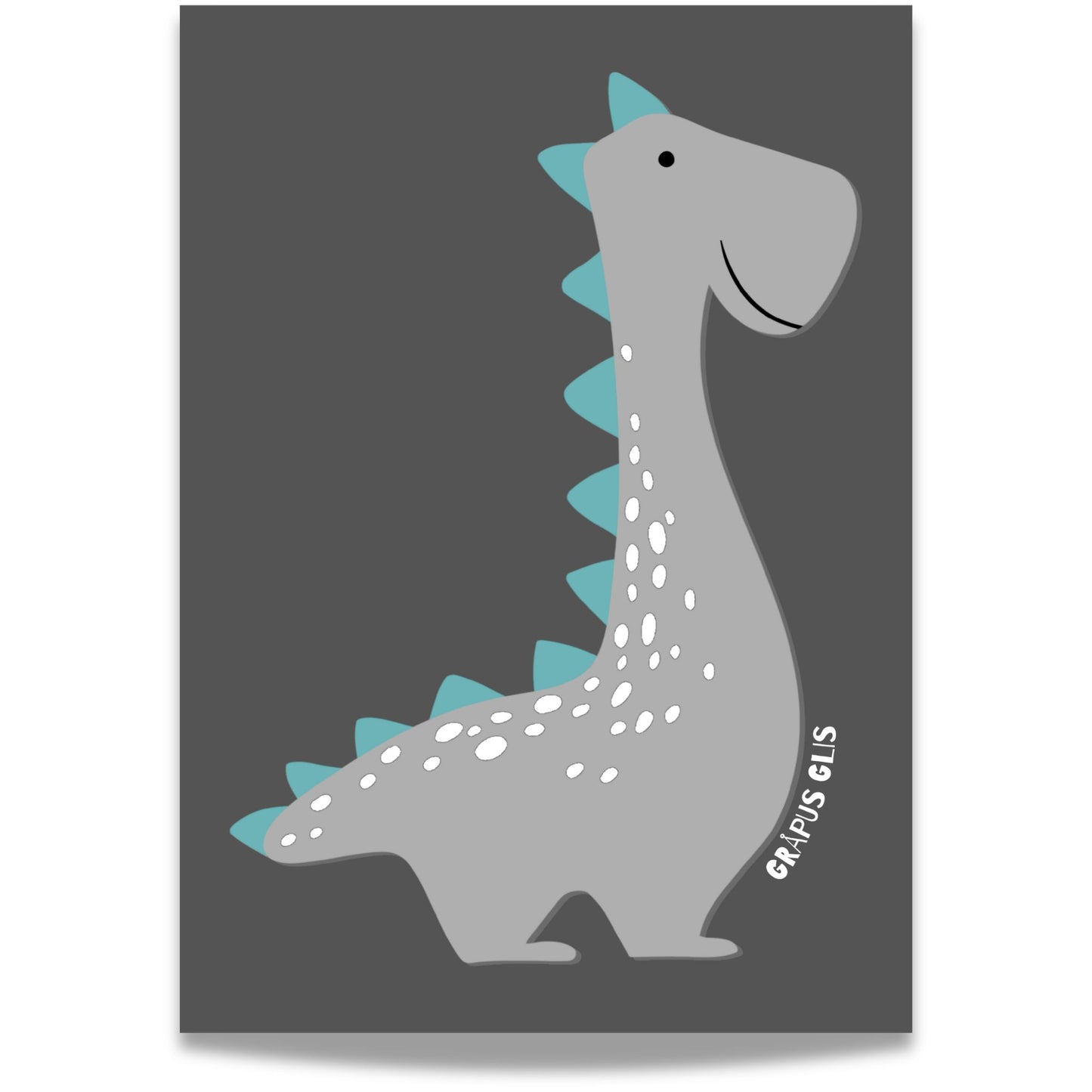 Glad grå dinosaur med turkise pigger på mørk bakgrunn.