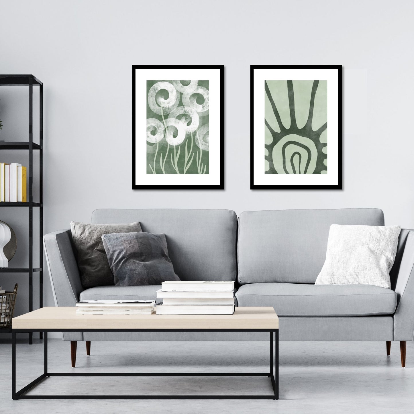 Green Abstract plakat. Med sine beroligende grønne toner og sofistikerte design, tilfører denne plakaten en følelse av ro og harmoni til ethvert rom. Illustrasjonen viser plakat No17 og No18 i sort ramme på en vegg over en sofa.