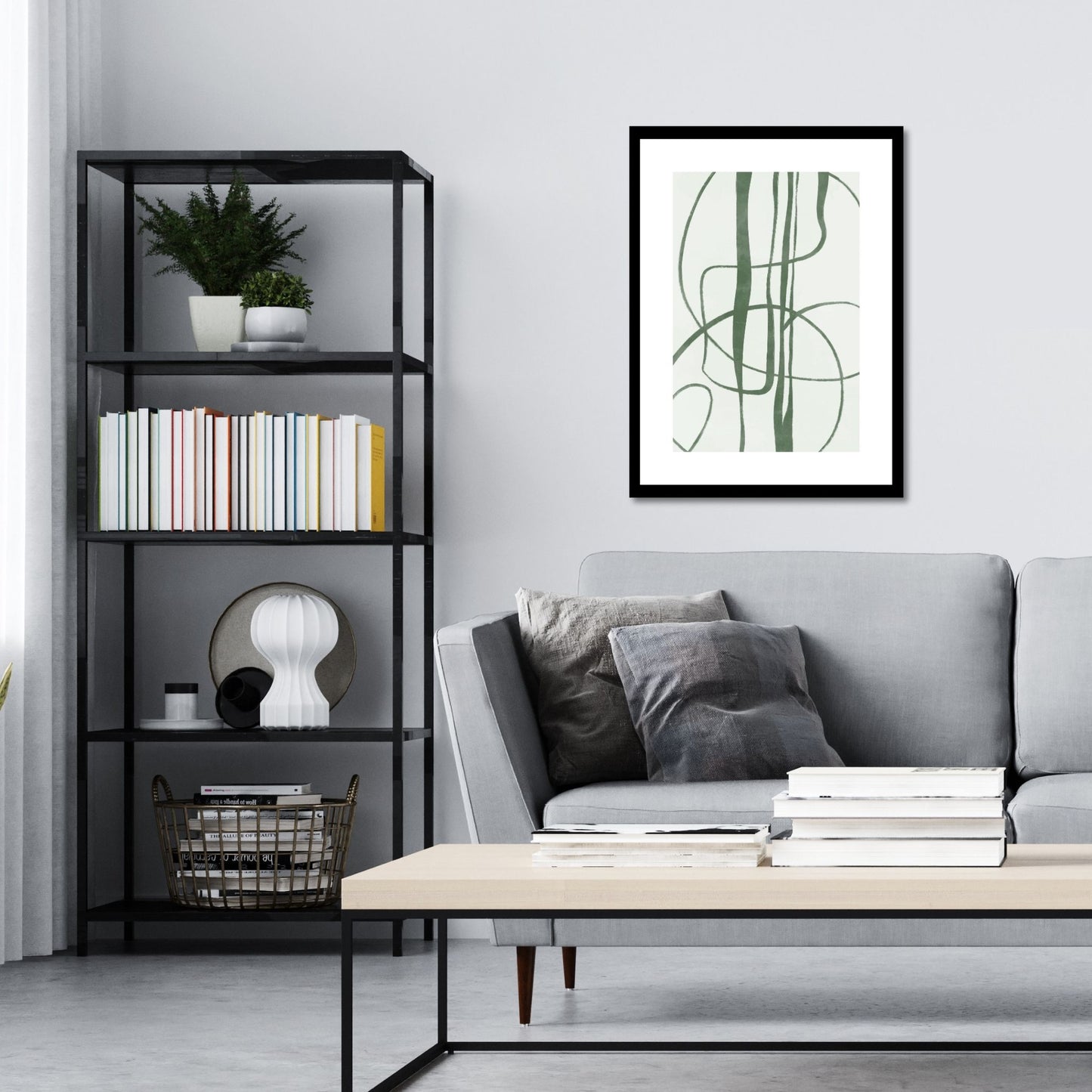 Green Abstract plakat. Med sine beroligende grønne toner og sofistikerte design, tilfører denne plakaten en følelse av ro og harmoni til ethvert rom. Illustrasjonen viser plakat i sort ramme på en vegg over en sofa.