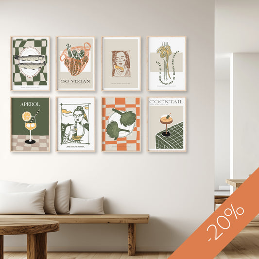 Green & Golden – plakatsett med grønnsaker, pasta og sitrusglede. Illustrasjon viser serien i eik ramme.