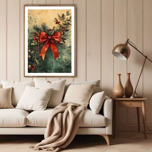 Dette elegante motivet viser en frodig krans pyntet med røde bær og et klassisk rødt silkebånd, noe som gir en tidløs følelse av julens harmoni. Illustrasjon viser motivet som plakat med hvit kant i lys ramme. Illustrasjon viser motivet som plakat med hvit kant i lys ramme.