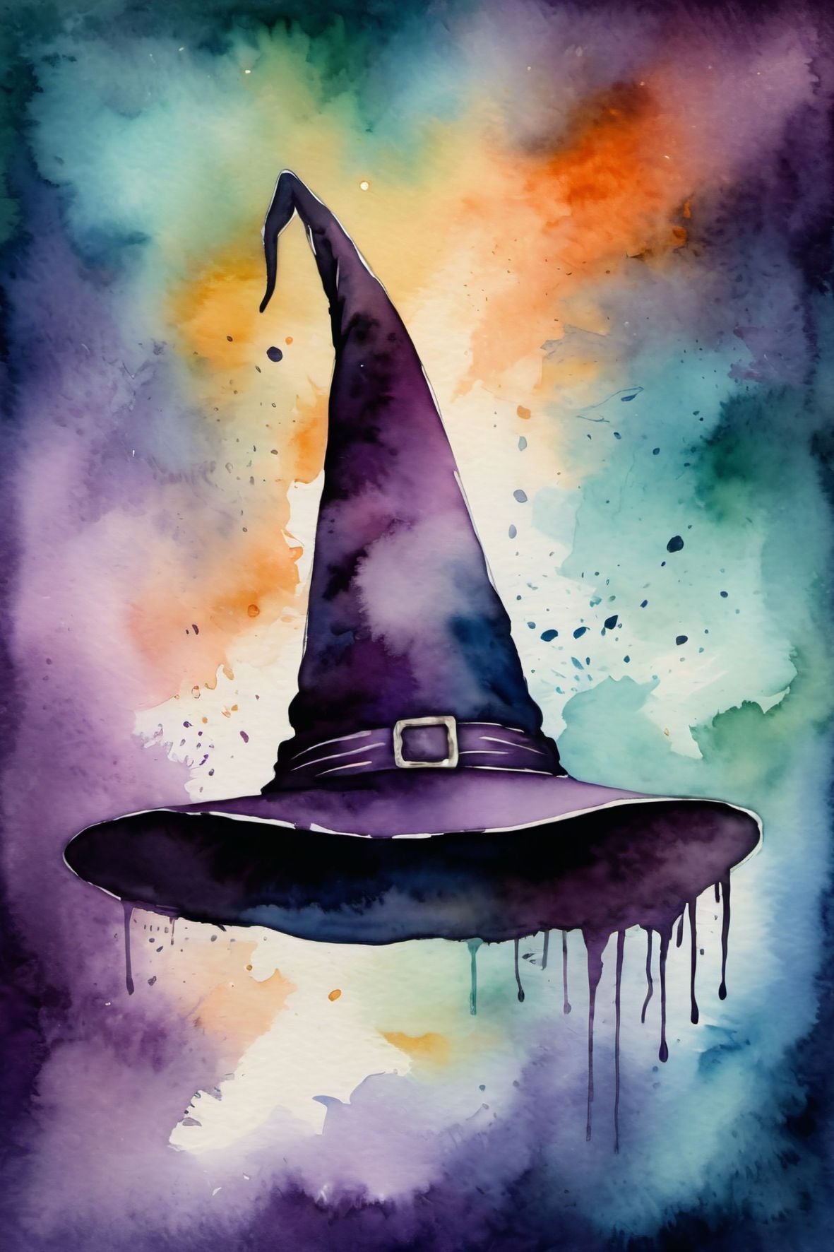 Halloweenkort laget i akvarellstil med en magisk balanse mellom det skumle og det vakre, inspirert av høstens mørke fargetoner og ikoniske Halloween-symboler.