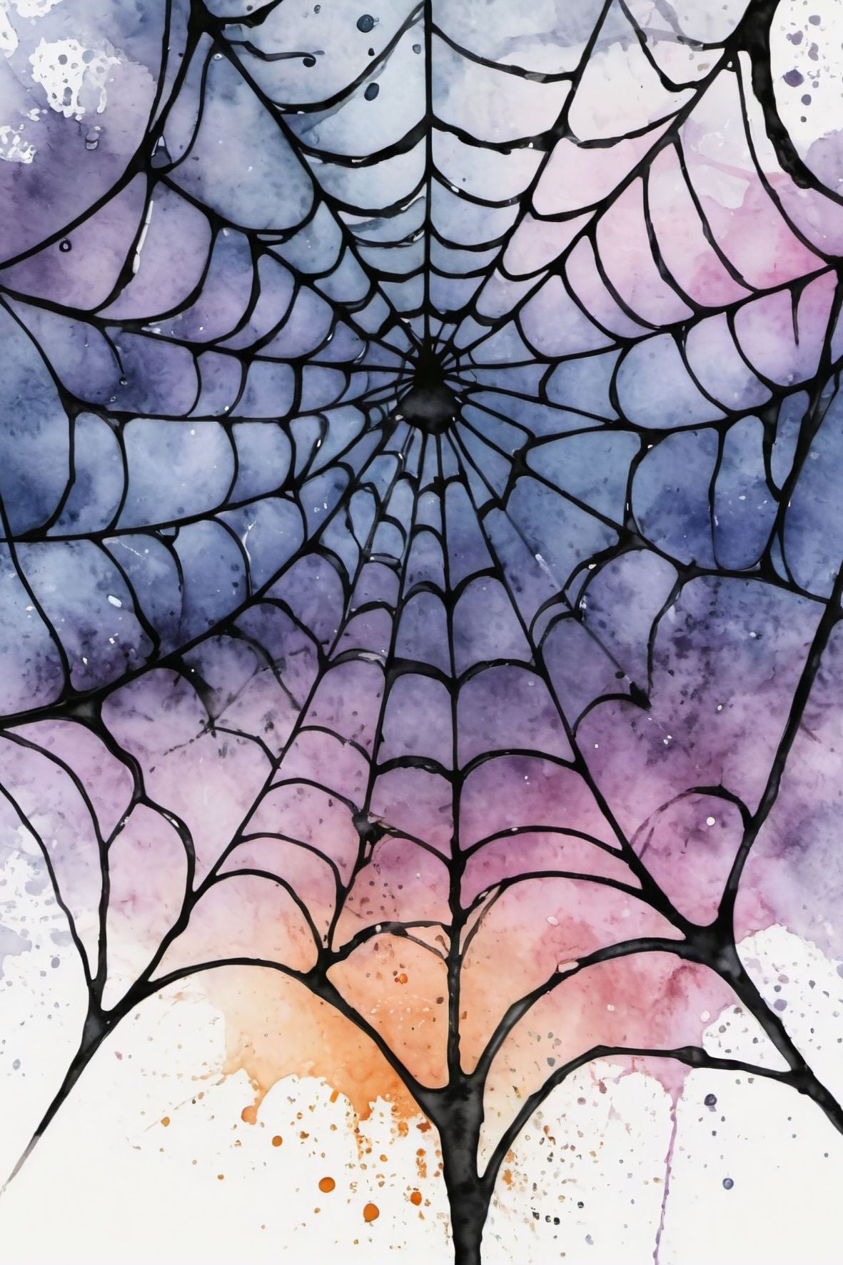 Halloweenkort laget i akvarellstil med en magisk balanse mellom det skumle og det vakre, inspirert av høstens mørke fargetoner og ikoniske Halloween-symboler.