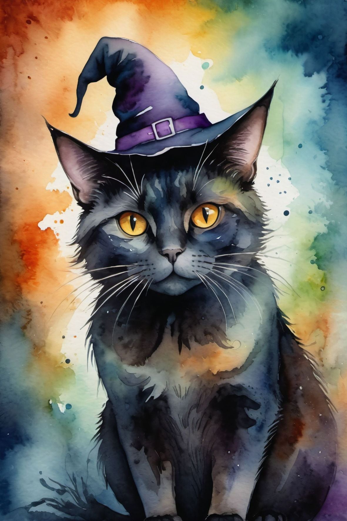 Halloweenkort laget i akvarellstil med en magisk balanse mellom det skumle og det vakre, inspirert av høstens mørke fargetoner og ikoniske Halloween-symboler.