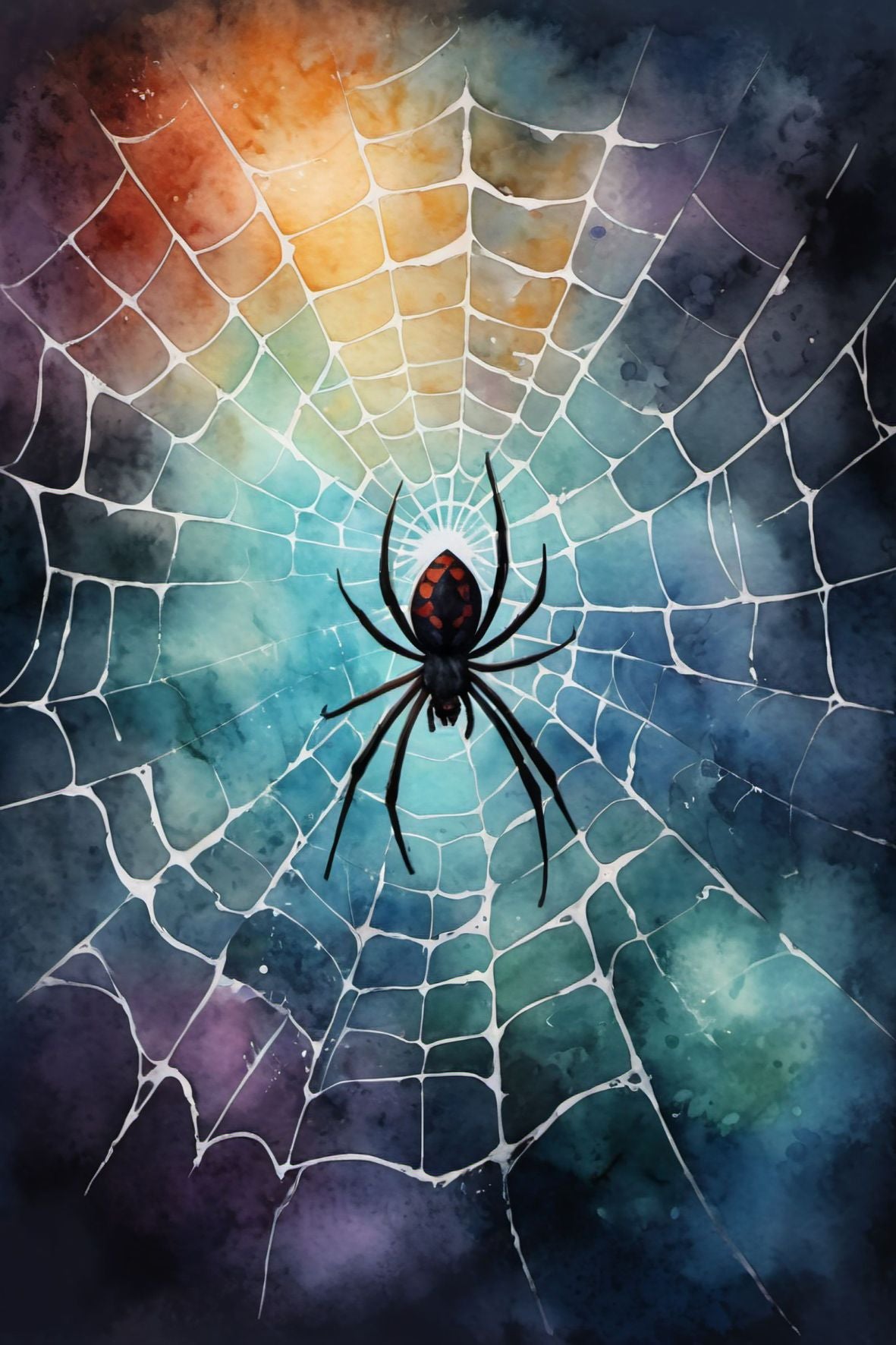 Halloweenkort laget i akvarellstil med en magisk balanse mellom det skumle og det vakre, inspirert av høstens mørke fargetoner og ikoniske Halloween-symboler.