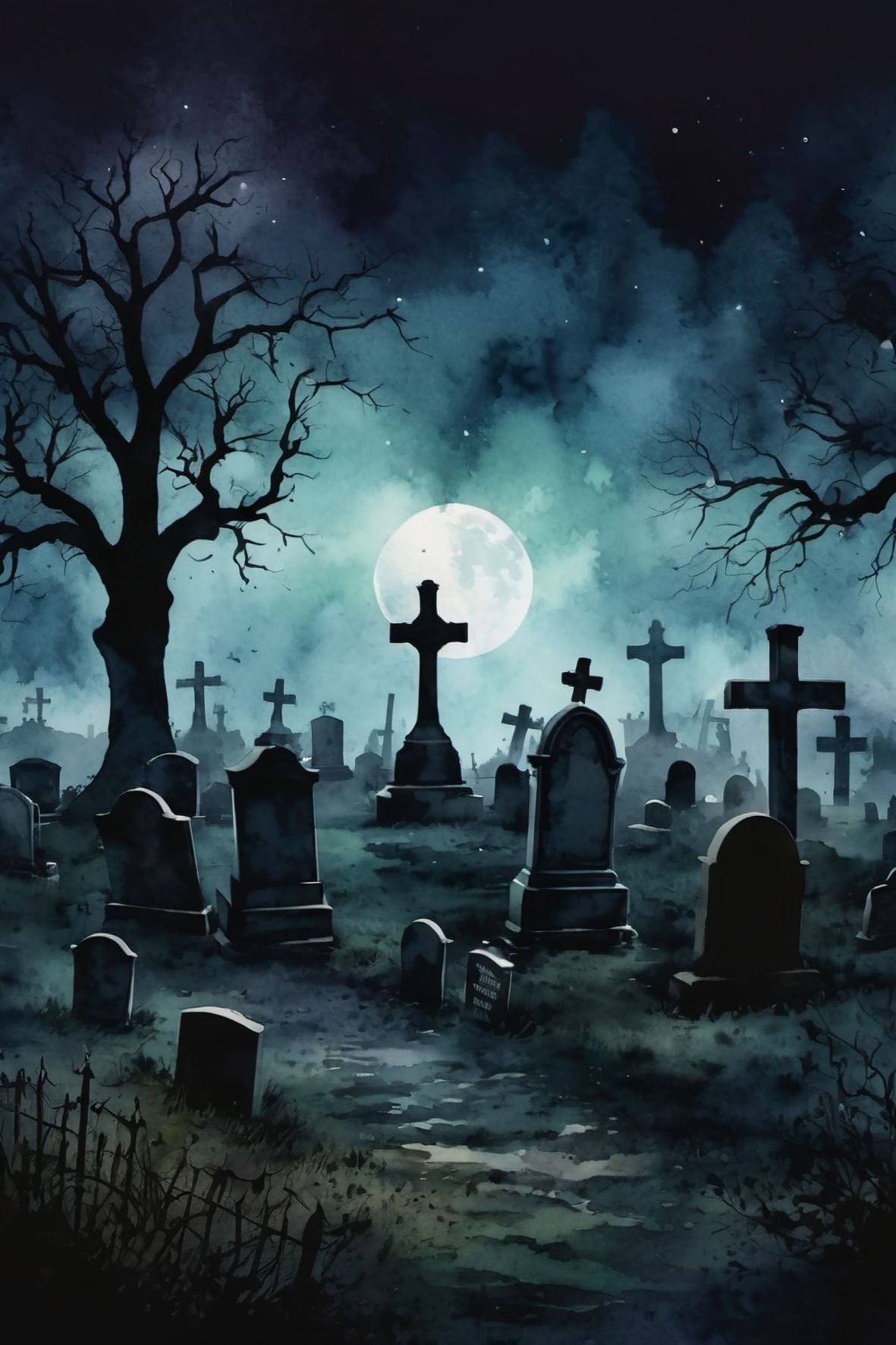 Halloweenkort laget i akvarellstil med en magisk balanse mellom det skumle og det vakre, inspirert av høstens mørke fargetoner og ikoniske Halloween-symboler.
