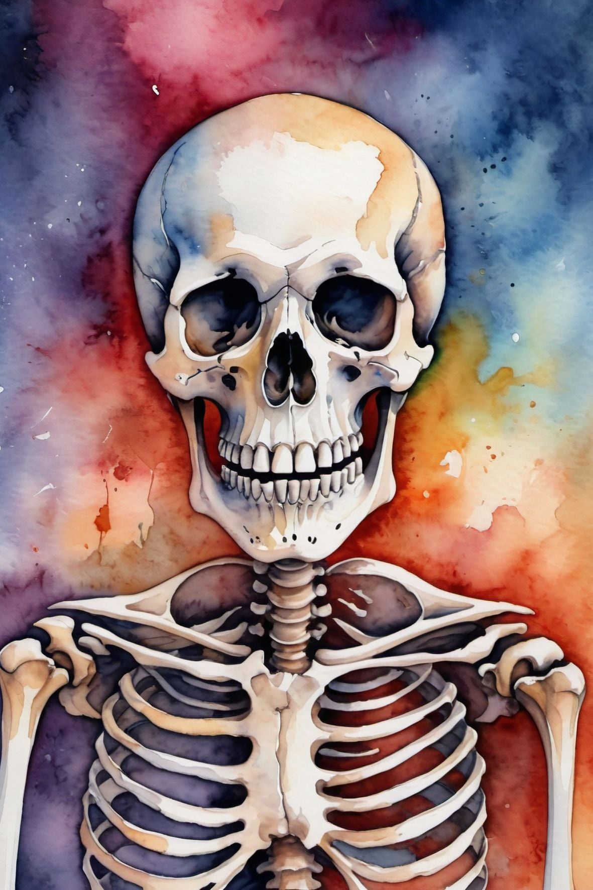 Halloweenkort laget i akvarellstil med en magisk balanse mellom det skumle og det vakre, inspirert av høstens mørke fargetoner og ikoniske Halloween-symboler.