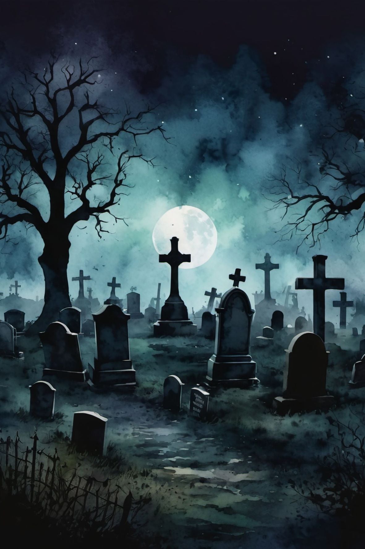 Halloweenkort laget i akvarellstil med en magisk balanse mellom det skumle og det vakre, inspirert av høstens mørke fargetoner og ikoniske Halloween-symboler.