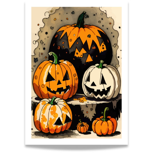 Få frem Halloween-ånden med Jack-O'-Lantern Party, en fargerik Halloween-plakat fylt med festlige gresskar i ulike former og uttrykk.