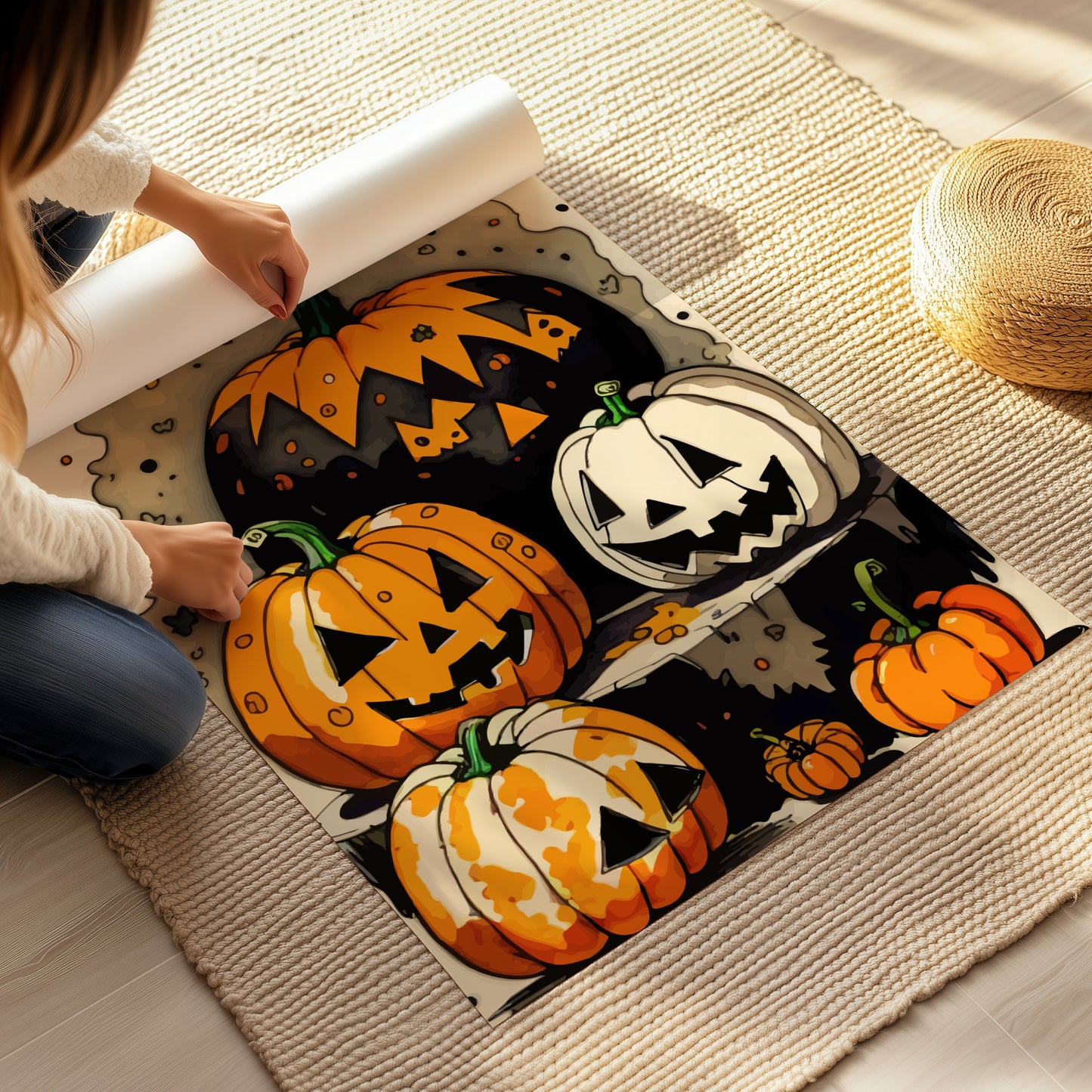 Få frem Halloween-ånden med Jack-O'-Lantern Party, en fargerik Halloween-plakat fylt med festlige gresskar i ulike former og uttrykk. Illustrasjon viser plakat på print.