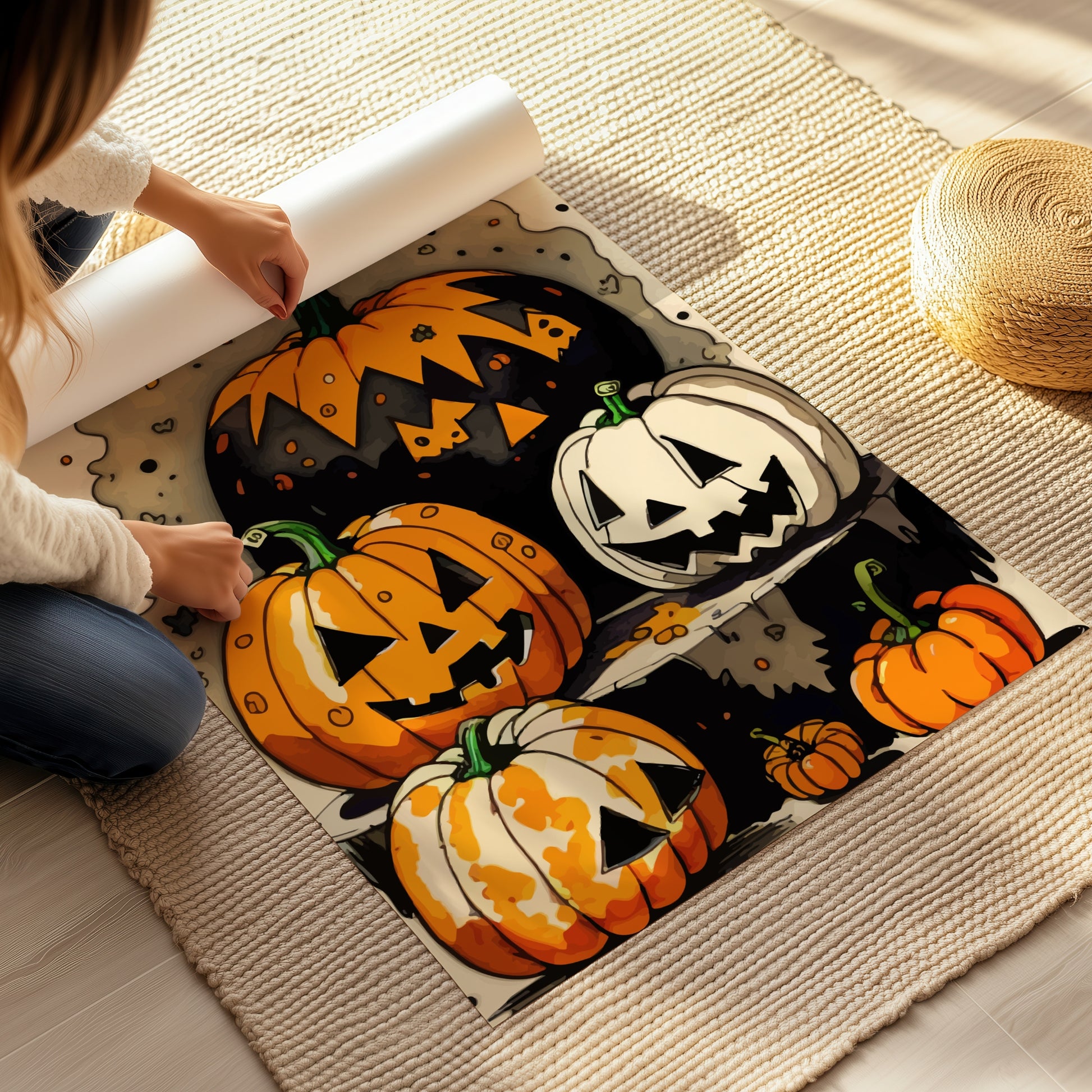 Få frem Halloween-ånden med Jack-O'-Lantern Party, en fargerik Halloween-plakat fylt med festlige gresskar i ulike former og uttrykk. Illustrasjon viser plakat på print.