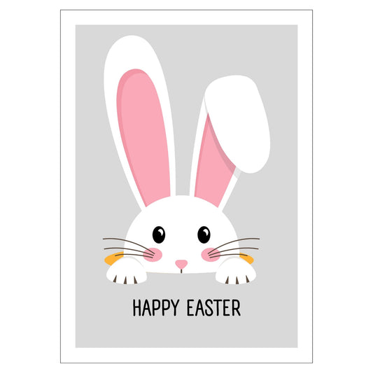 Grafisk illustrasjon av en hvit påskeharen med rosa kontraster i ørene og på kinnene bringer umiddelbar varme og sjarm til ethvert rom. På en lys grå bakgrunn står teksten "Happy Easter", og minner oss om den kommende feiringen.