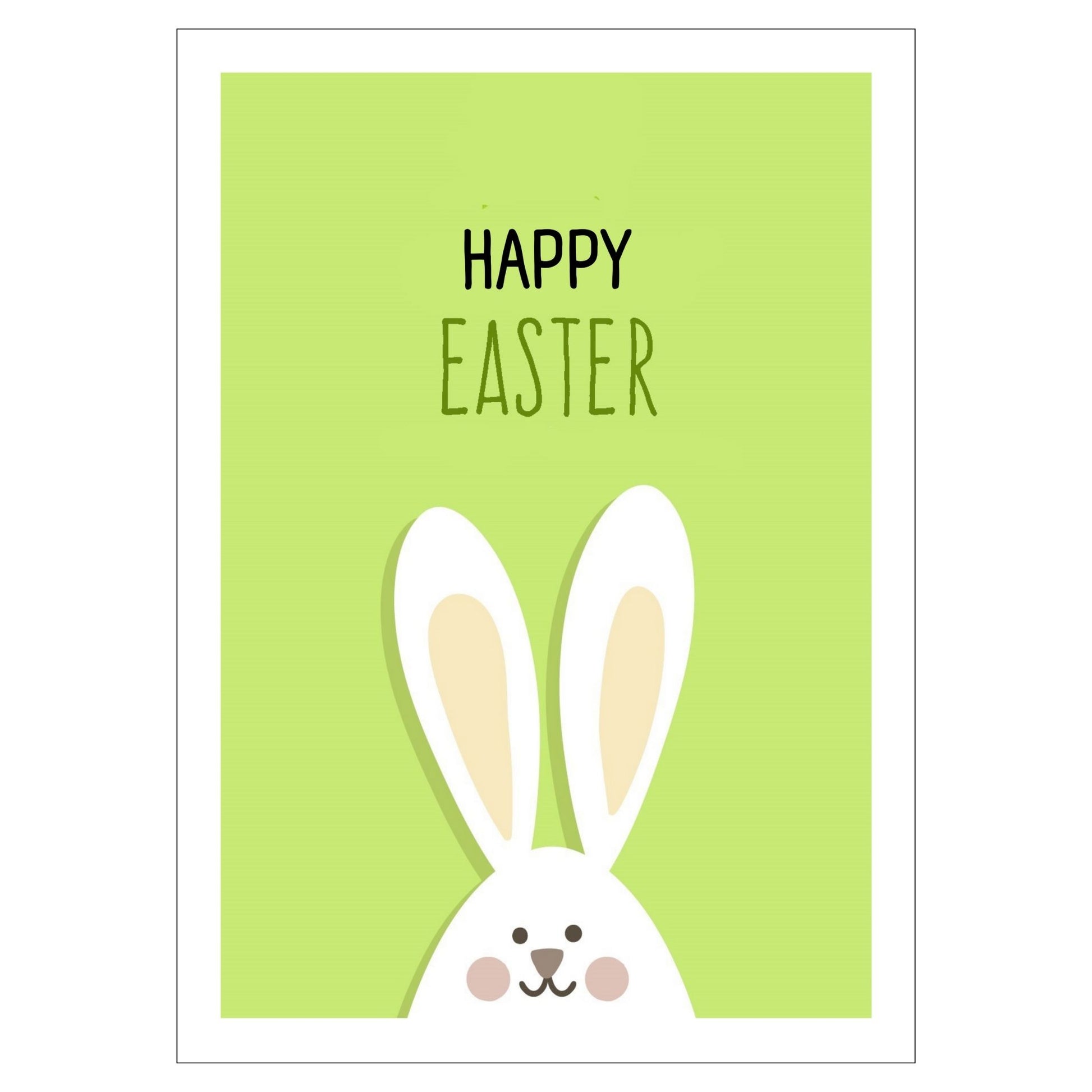 Grafisk illustrasjon som viser en hvit påskehare med en leken glimt i øyet. Haren har en myk beige kontrastfarge i ørene og på kinnene. Mot en livlig limefarget bakgrunn står teksten "Happy Easter" tydelig fremhevet i sort.