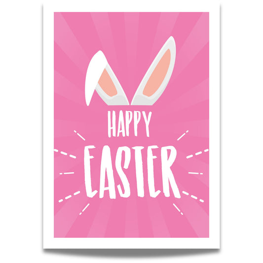 Denne delikate grafiske illustrasjonen viser to hvite påskehareører mot en myk mørk rosa bakgrunn, akkompagnert av den hjertevarme meldingen "Happy Easter" i hvit skrift.