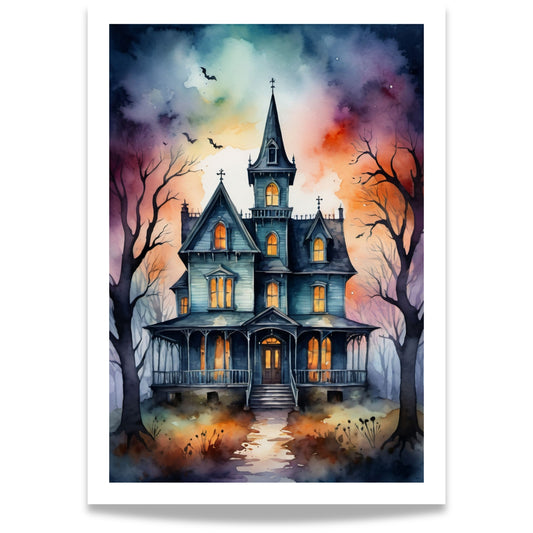 “Haunted Manor” viser et gotisk herskapshus i skumring, med varme lys i vinduene og nakne trær i silhuett. 