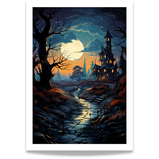Creepy plakat med motiv av Halloween slott ved fullmåne.  