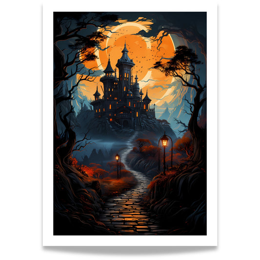 Creepy plakat med motiv av Halloween slott ved fullmåne. 