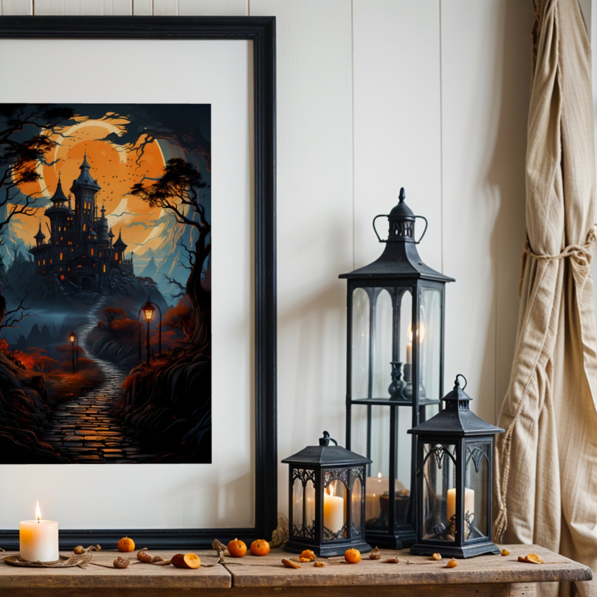 Creepy plakat med motiv av Halloween slott ved fullmåne. Illustrasjon viser plakat med passepartout i sort ramme.