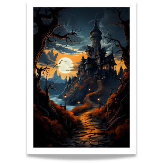 Creepy plakat med motiv av Halloween slott ved fullmåne.