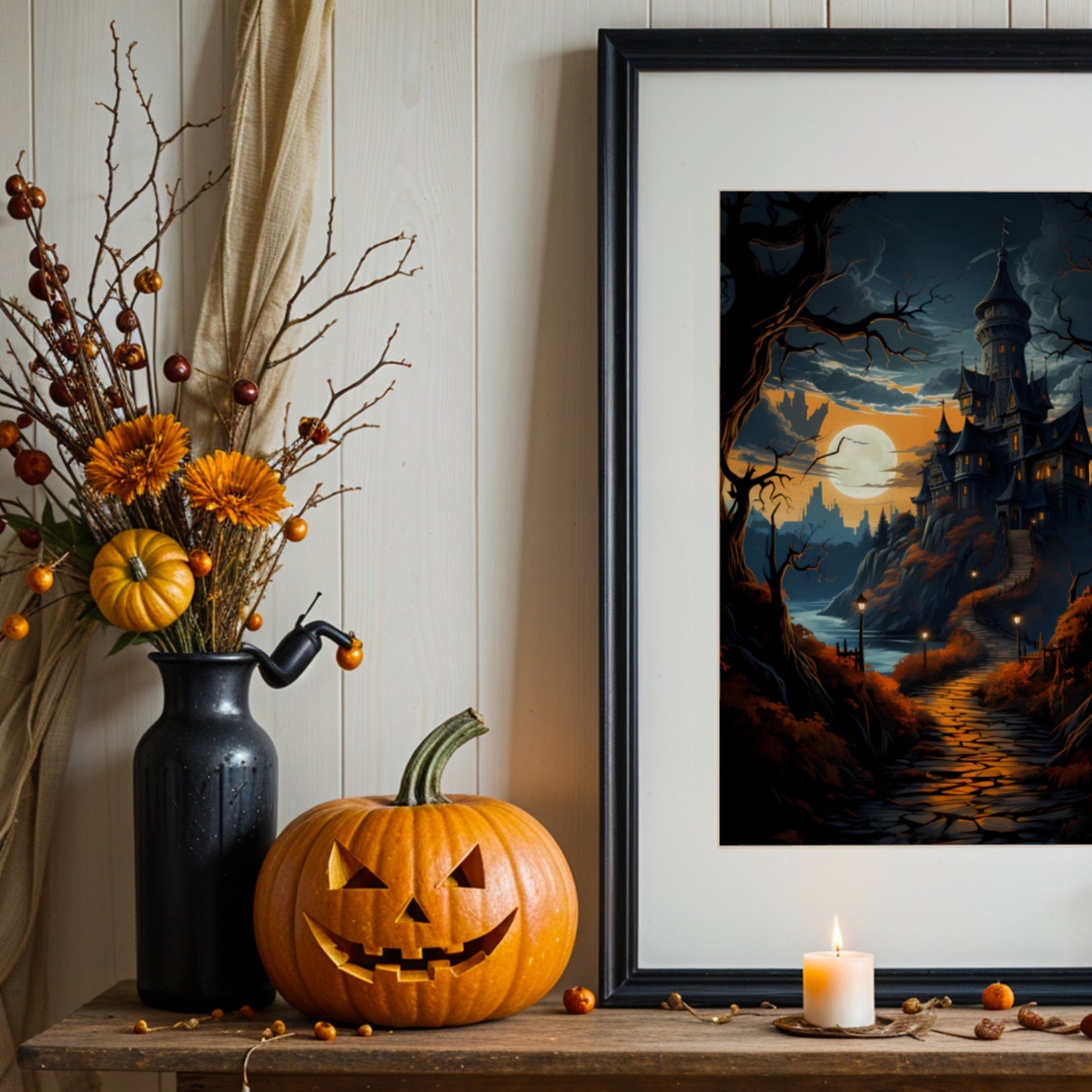 Creepy plakat med motiv av Halloween slott ved fullmåne. Illustrasjon viser plakat med passepartout i sort ramme.
